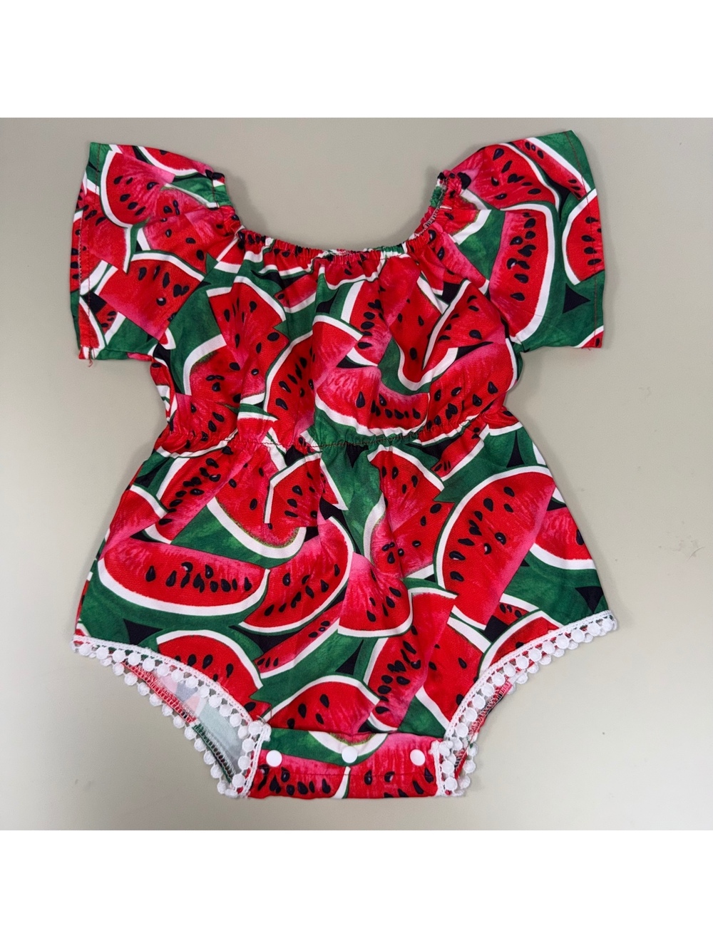 SHEIN Baby Girl Watermelon Print Romper Size 80 Pom Pom Trim Summer Outfit
